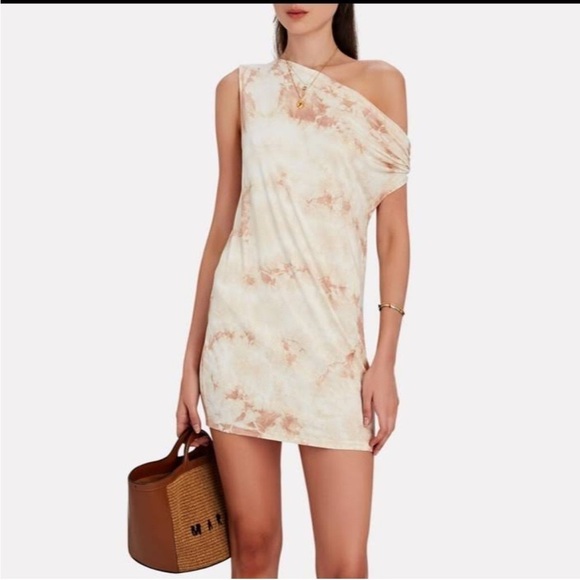Enza Costa Revolve One Shoulder Tie Dye Jersey Dress Beige Sz XS NEW - Picture 1 of 10